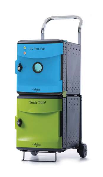 Green Tech Tubs Charge 6 devices and blue UV Tech Tub disinfects devices in less than one minute (one at a time).