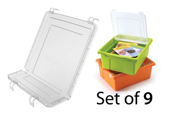 The hinge eliminates the need to remove the lid when accessing materials inside, so no missing lids!