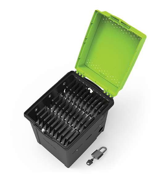 Premium Tech Tub for Phones, open with devices, labels and locking block and pin