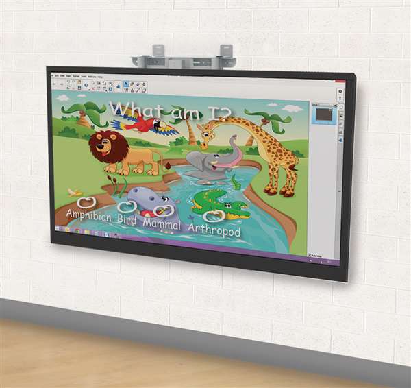 Height-adjustable wall mount on a brick wall with flat panel