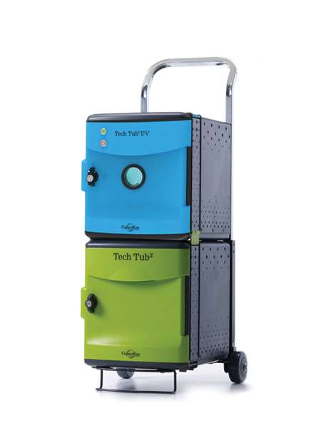 Green Tech Tubs Charge 6 devices and blue UV Tech Tub disinfects devices in less than one minute (one at a time).