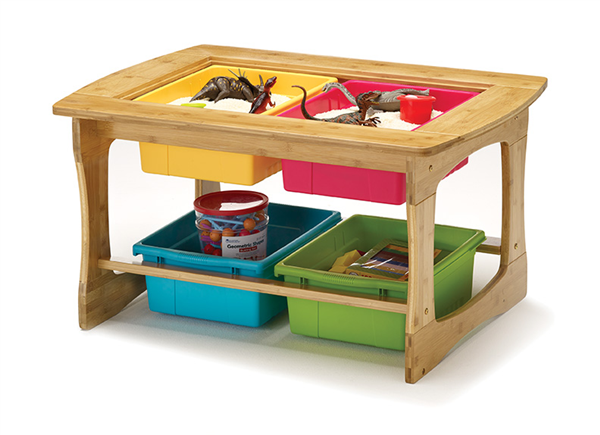 Bamboo Sensory Table with vibrant mixed tub combo