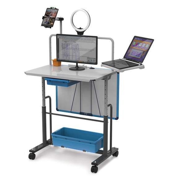 Shown in standing position (height-adjustable upon assembly). Desktop can be set 30”-40” from the floor.