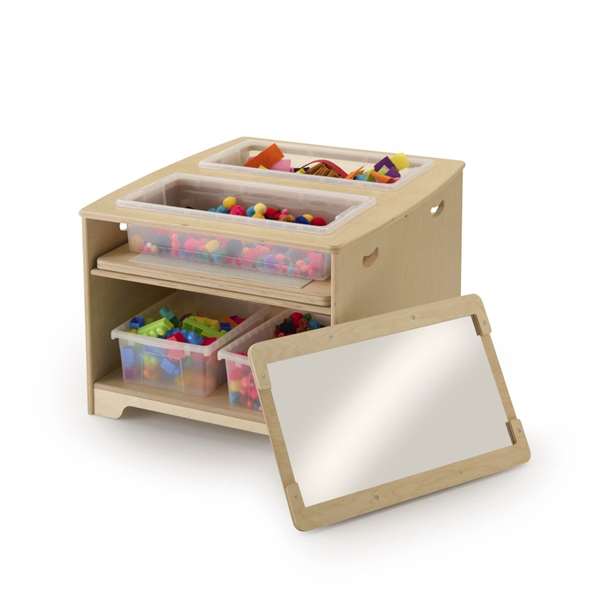 Sensory table with lid removed and mirrored tray side