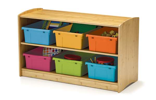 Bamboo Shelving Unit with vibrant mixed tub combo
